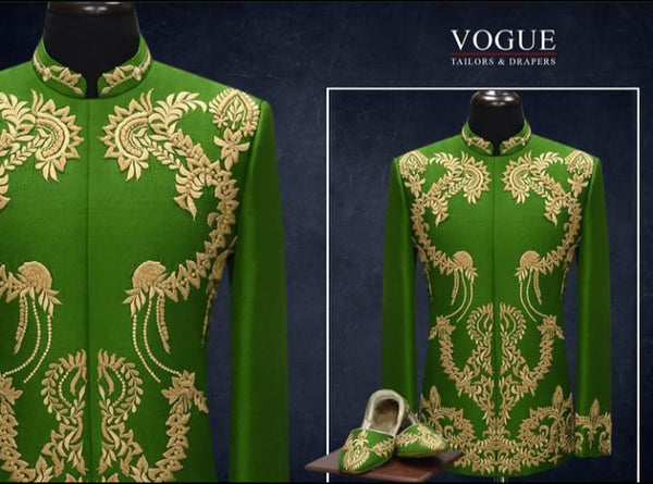 Green Ankar Work Prince Coat And Khussa